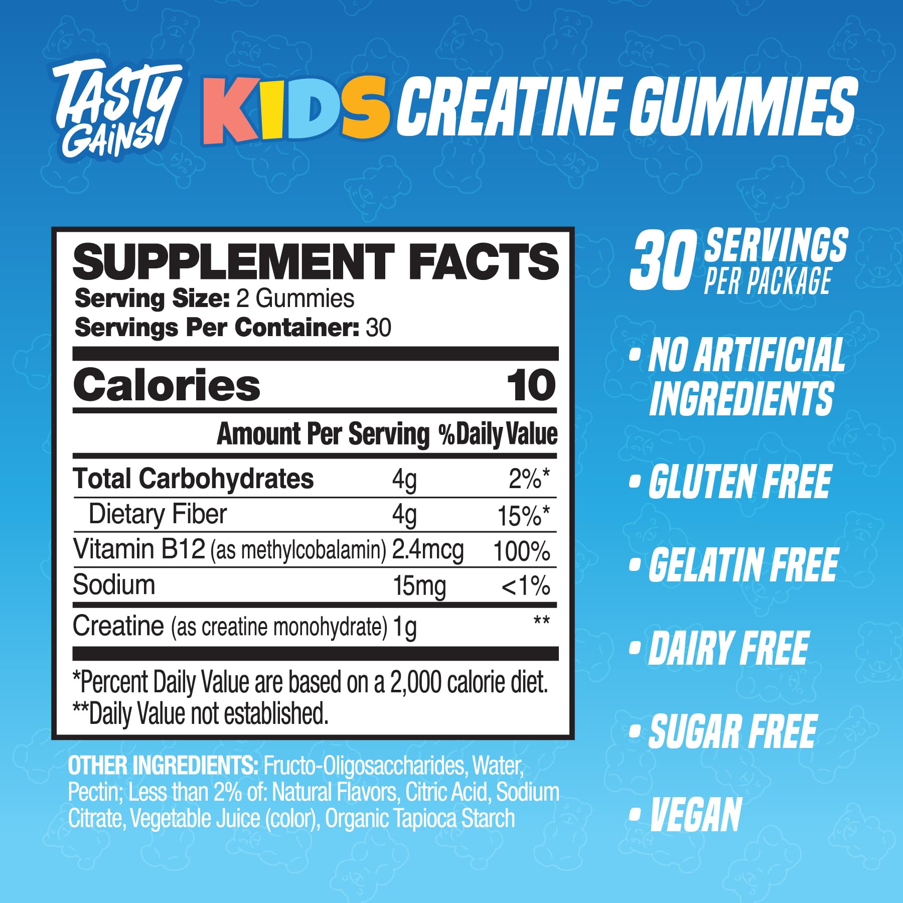 TASTY GAINS Kids Creatine Gummies close-up shows soft chew texture for kids.