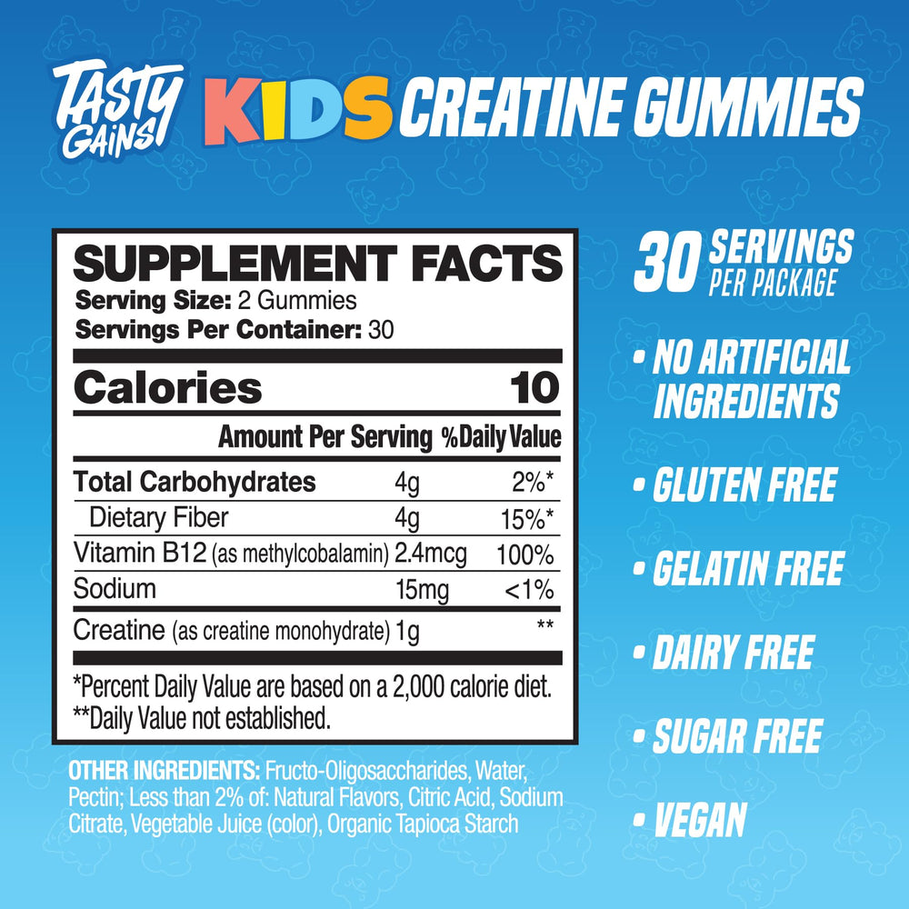 TASTY GAINS Kids Creatine Gummies close-up shows soft chew texture for kids.