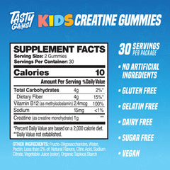 TASTY GAINS Kids Creatine Gummies close-up shows soft chew texture for kids.