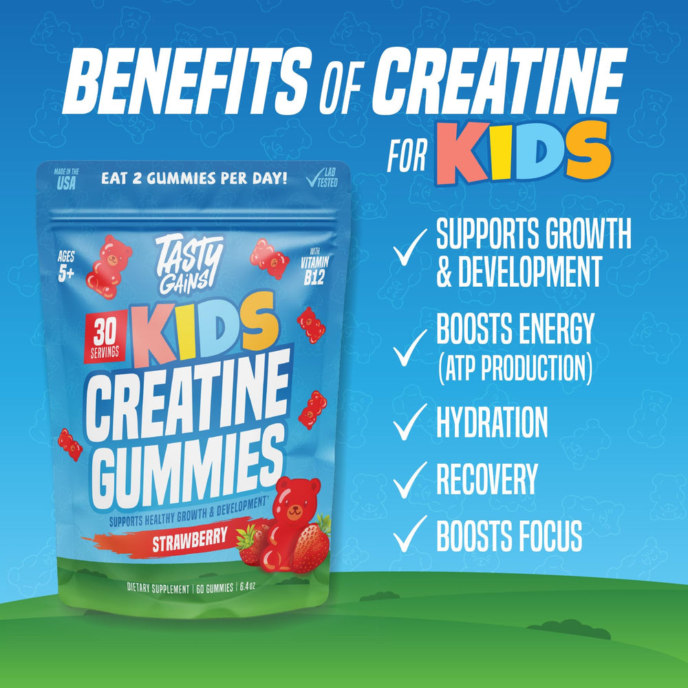 Two TASTY GAINS Kids Creatine Gummies shown for a simple two-gummy serving.