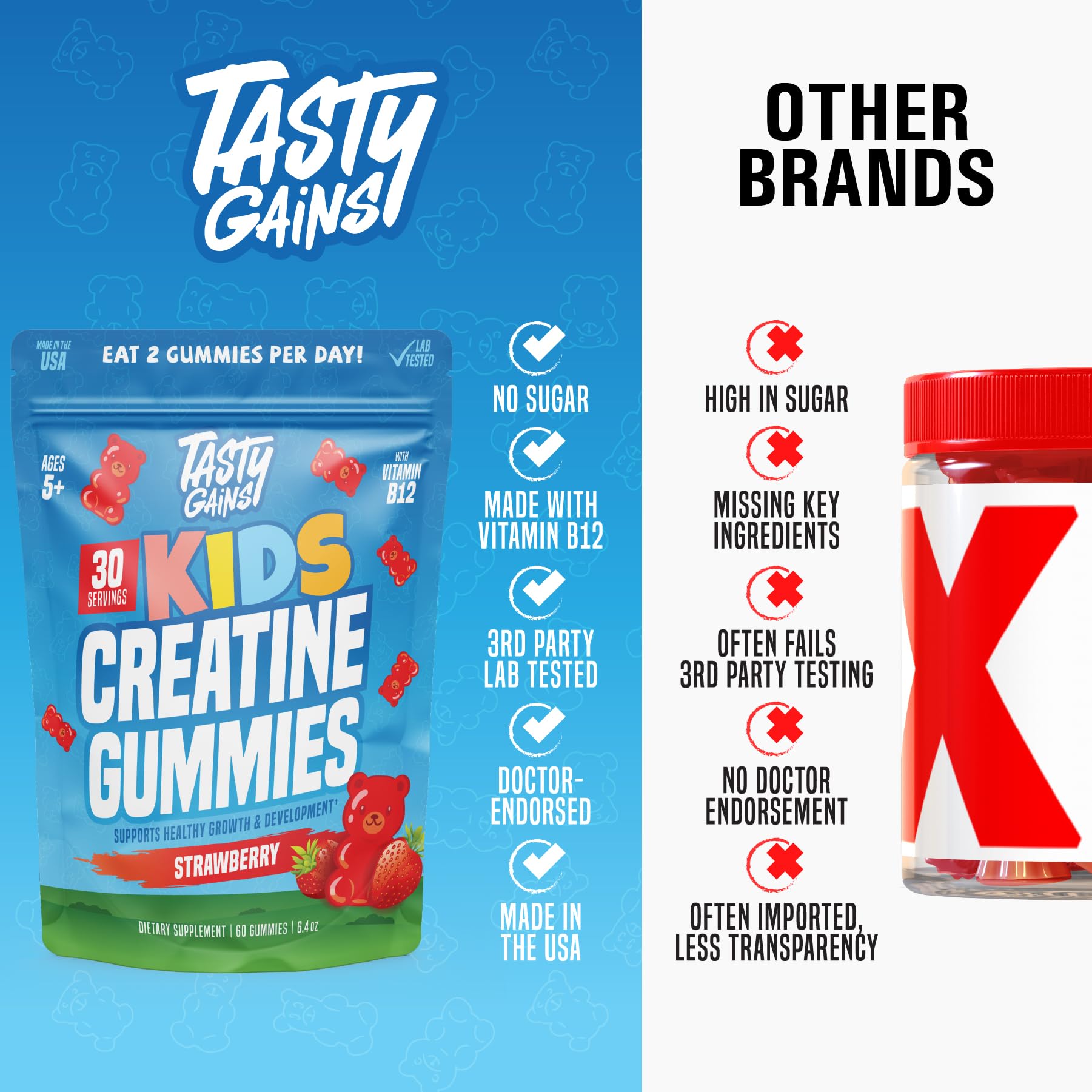Child-friendly packaging featuring TASTY GAINS gummies supports daily routines.