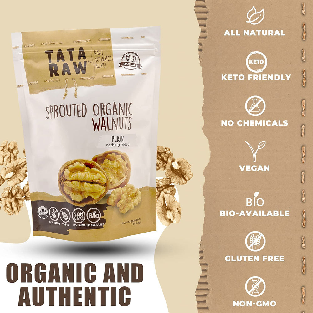 Close-up of Tata Raw Sprouted Walnuts raw kernels showing natural texture