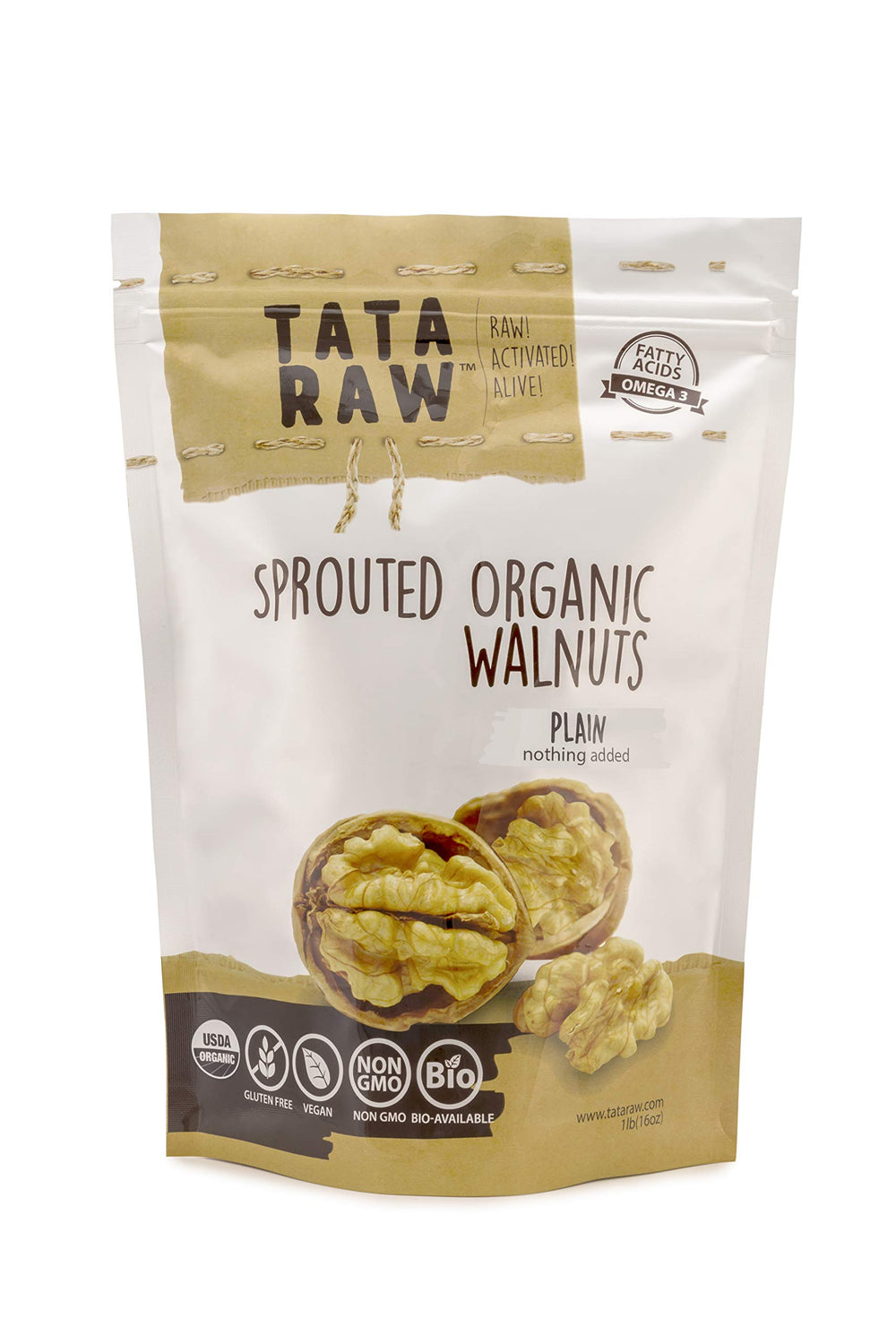 Tata Raw Sprouted Walnuts 1lb pack for convenient, omega-3 rich snacking