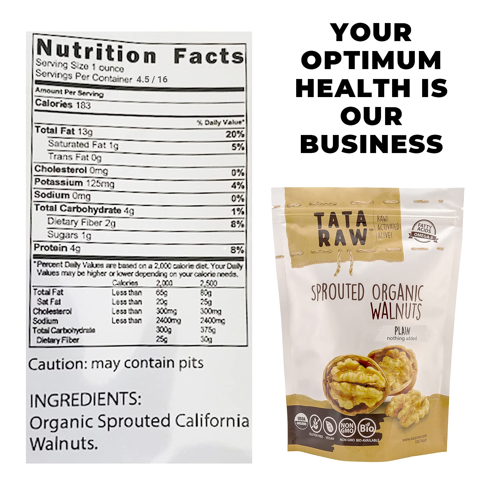 Tata Raw Sprouted Walnuts 3lb bag on shelf for family snacking