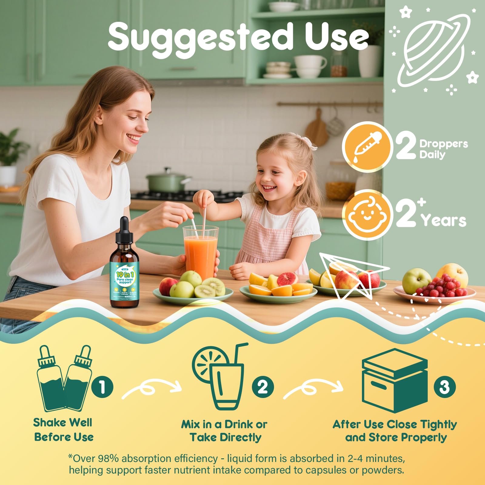 Tatavonix probiotics and chlorella drops closeup highlighting gut-supporting ingredients.