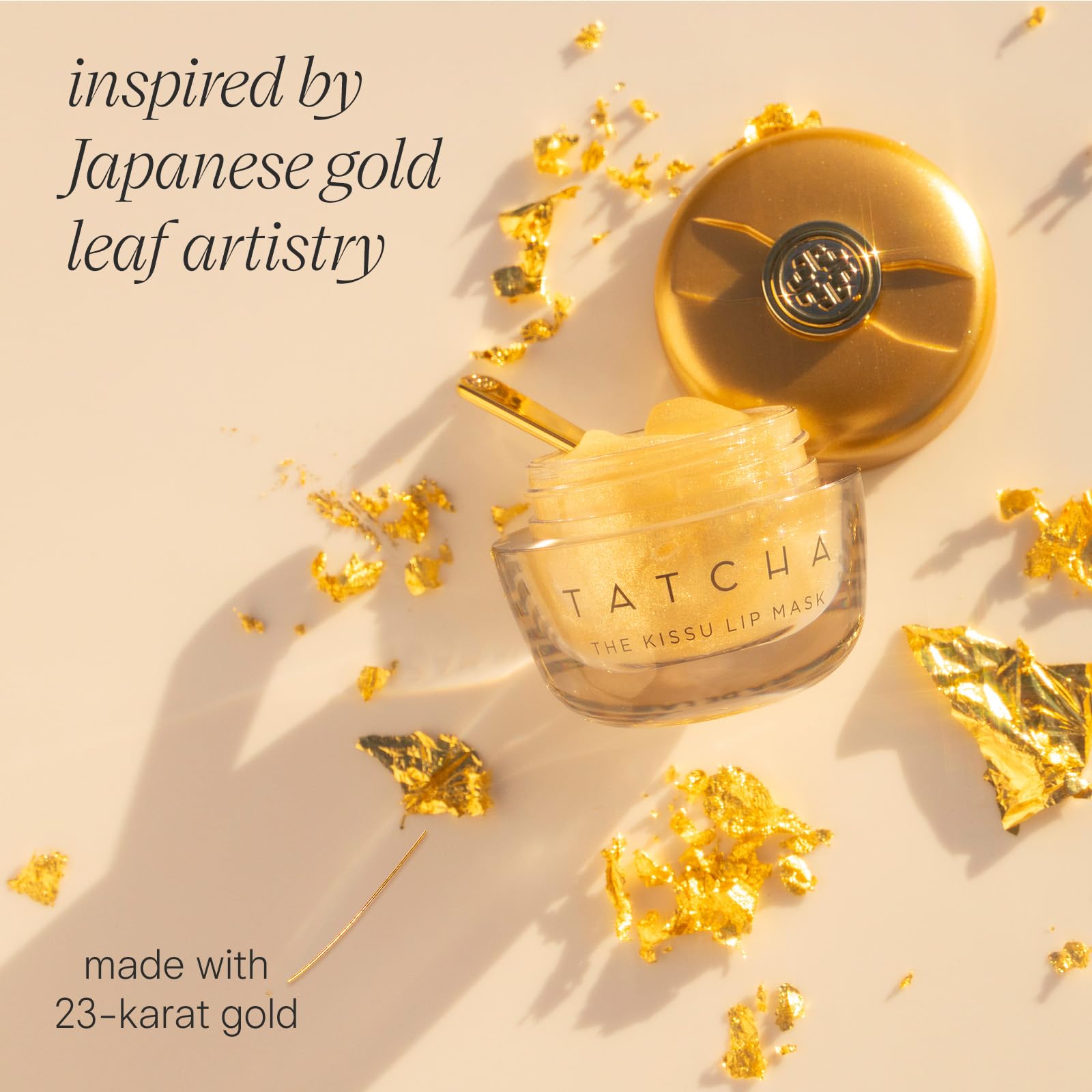 TATCHA Kissu Gold Leaf Lip Mask application on lips demonstrates glide