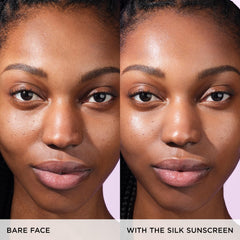 TATCHA Silk Sunscreen spread shows a sheer, natural finish.