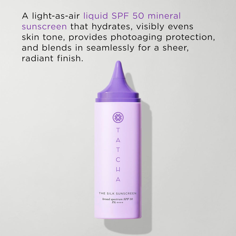 TATCHA Silk Sunscreen texture swirl highlights the creamy mineral formula for easy blending.