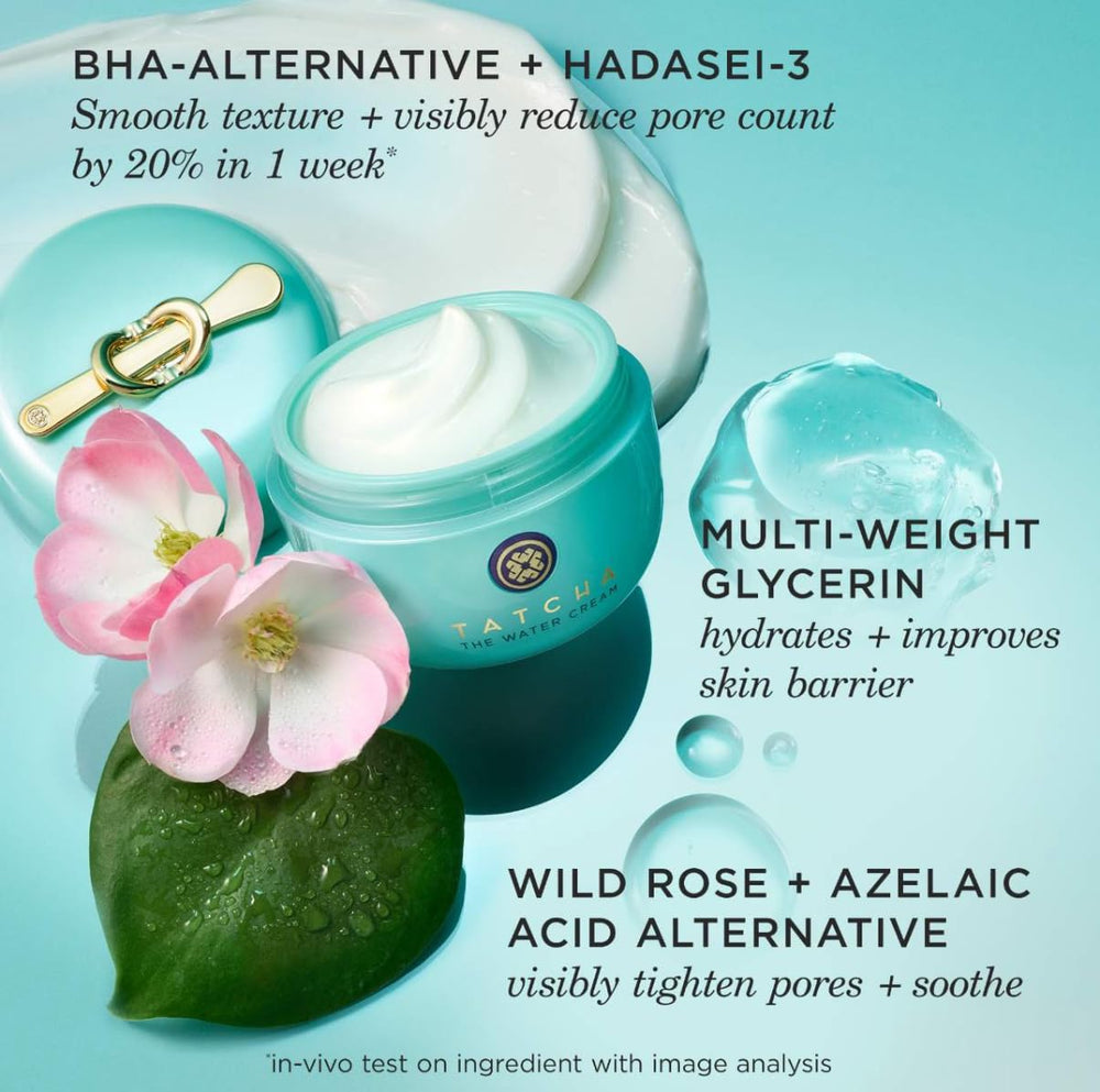 TATCHA Water Cream travel-size jar showcases on-the-go skincare.
