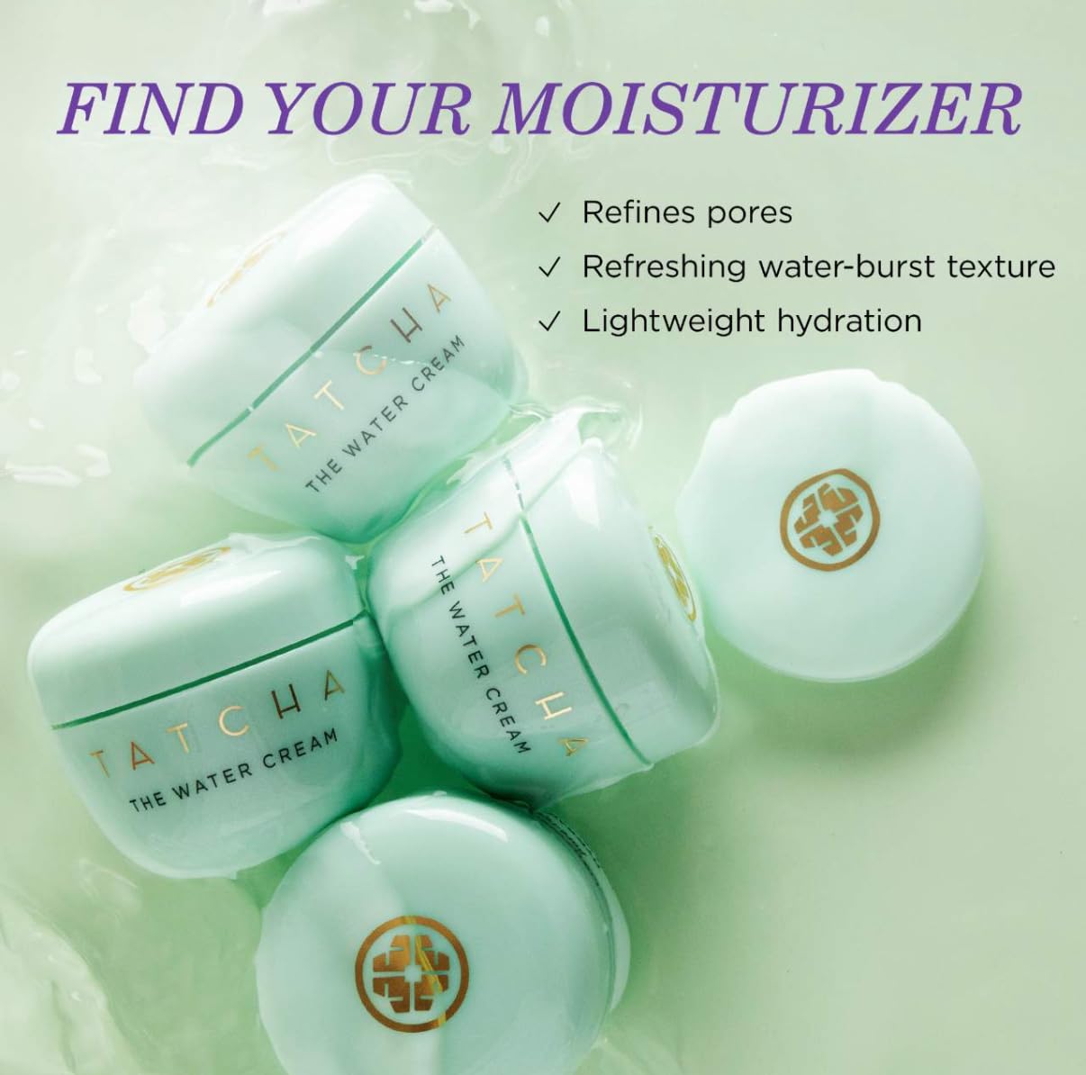 TATCHA Water Cream texture burst visuals show quick absorption.