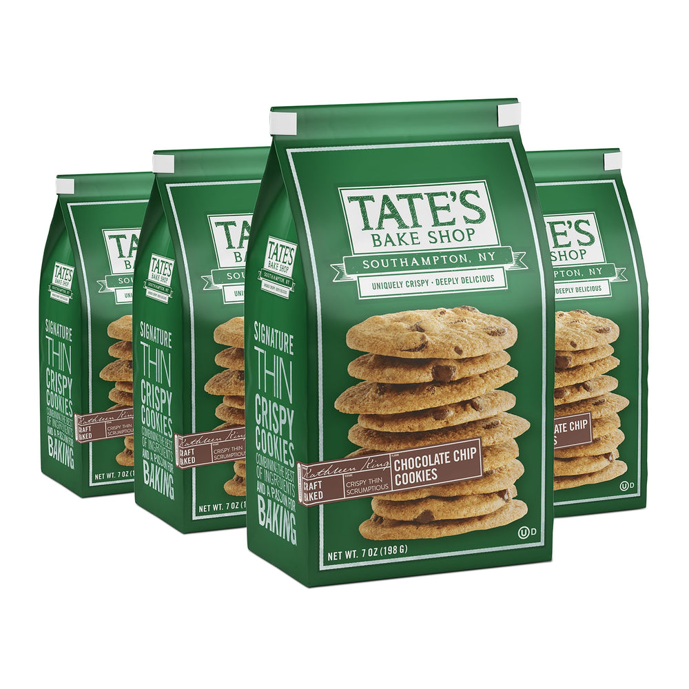 Tate's Bake Shop chocolate chip cookies in four 7 oz bags, ready to share.