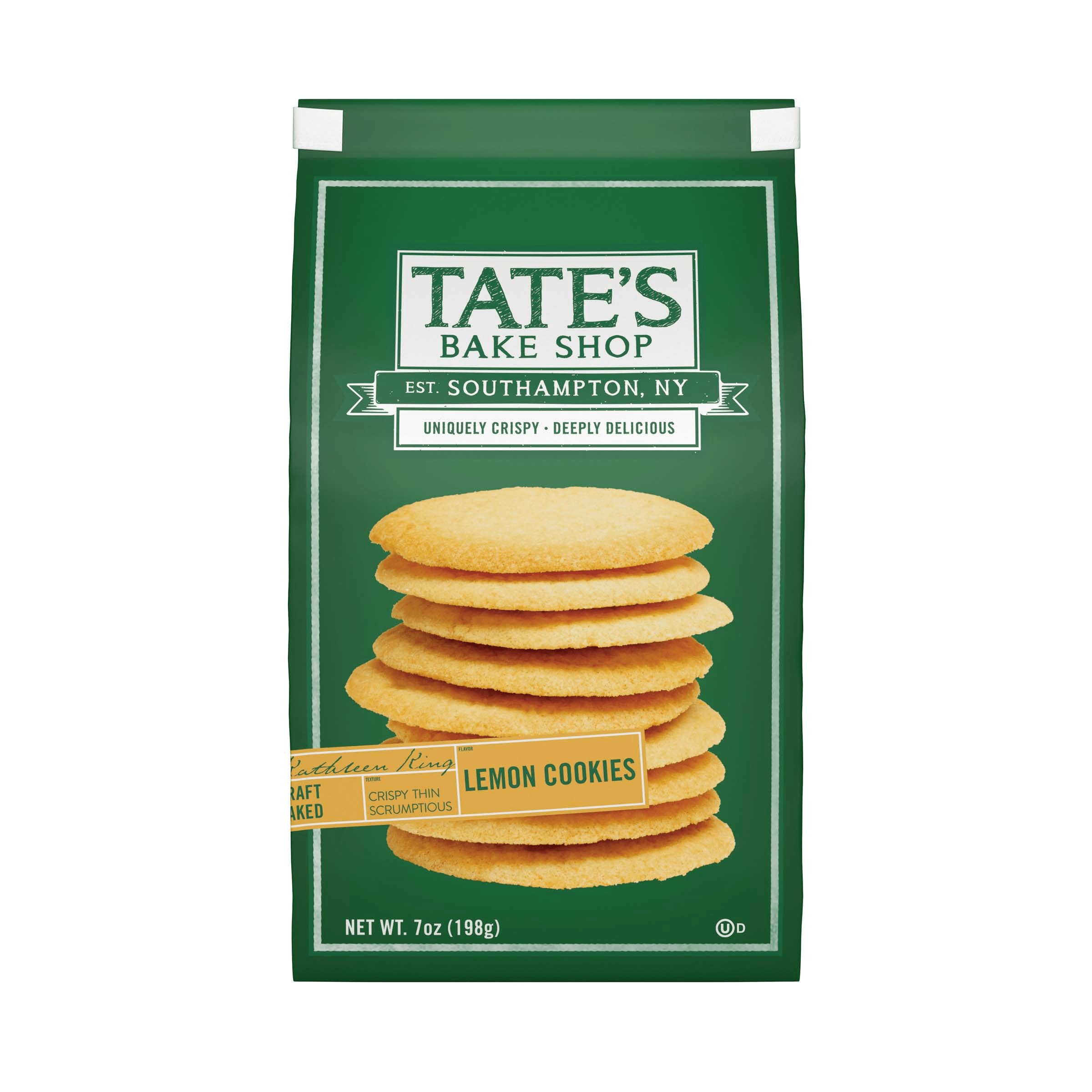 Tate's Bake Shop Lemon Cookies packaging shows resealable bag for freshness.