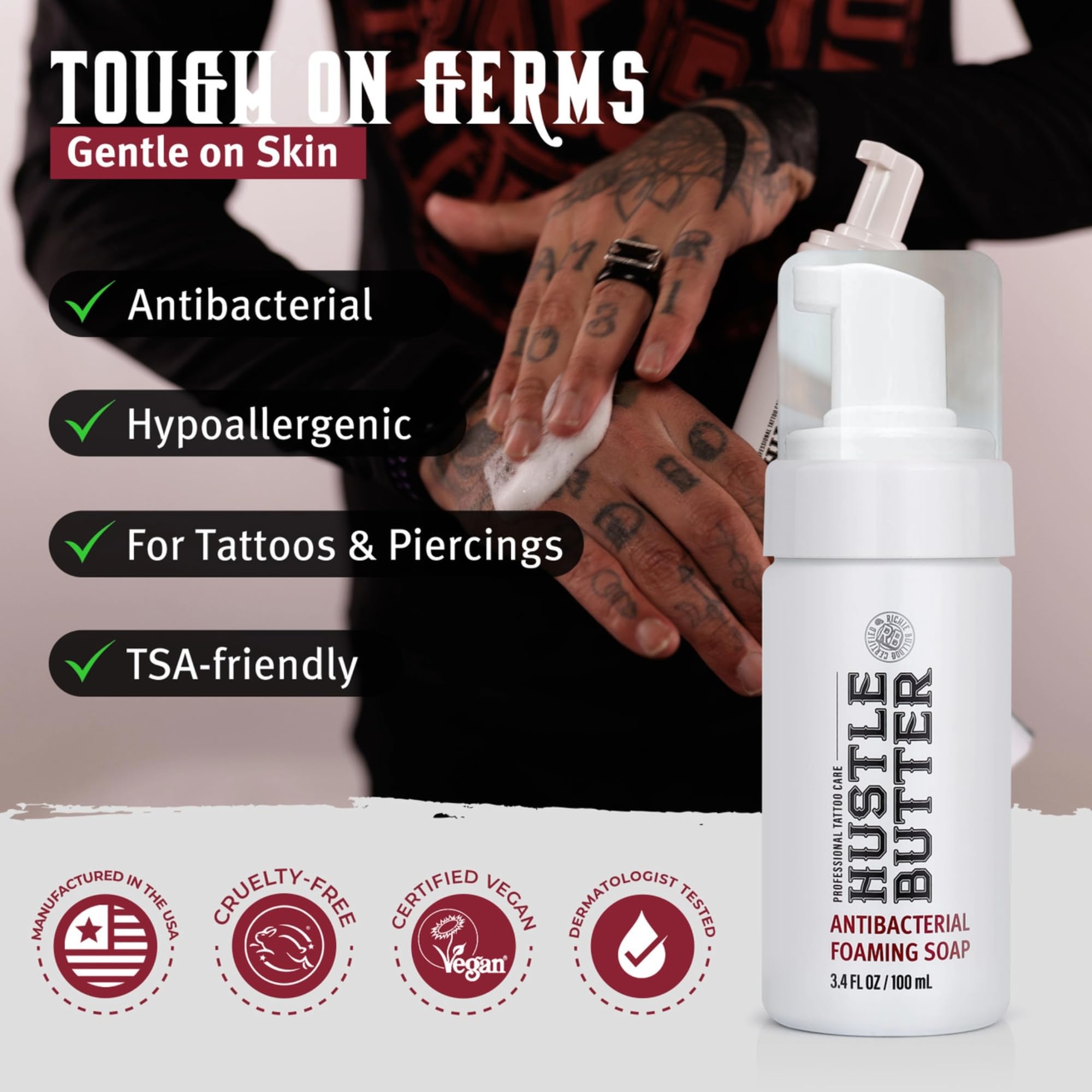 Hustle Butter Tattoo Balm in use on skin for moisturized healing.
