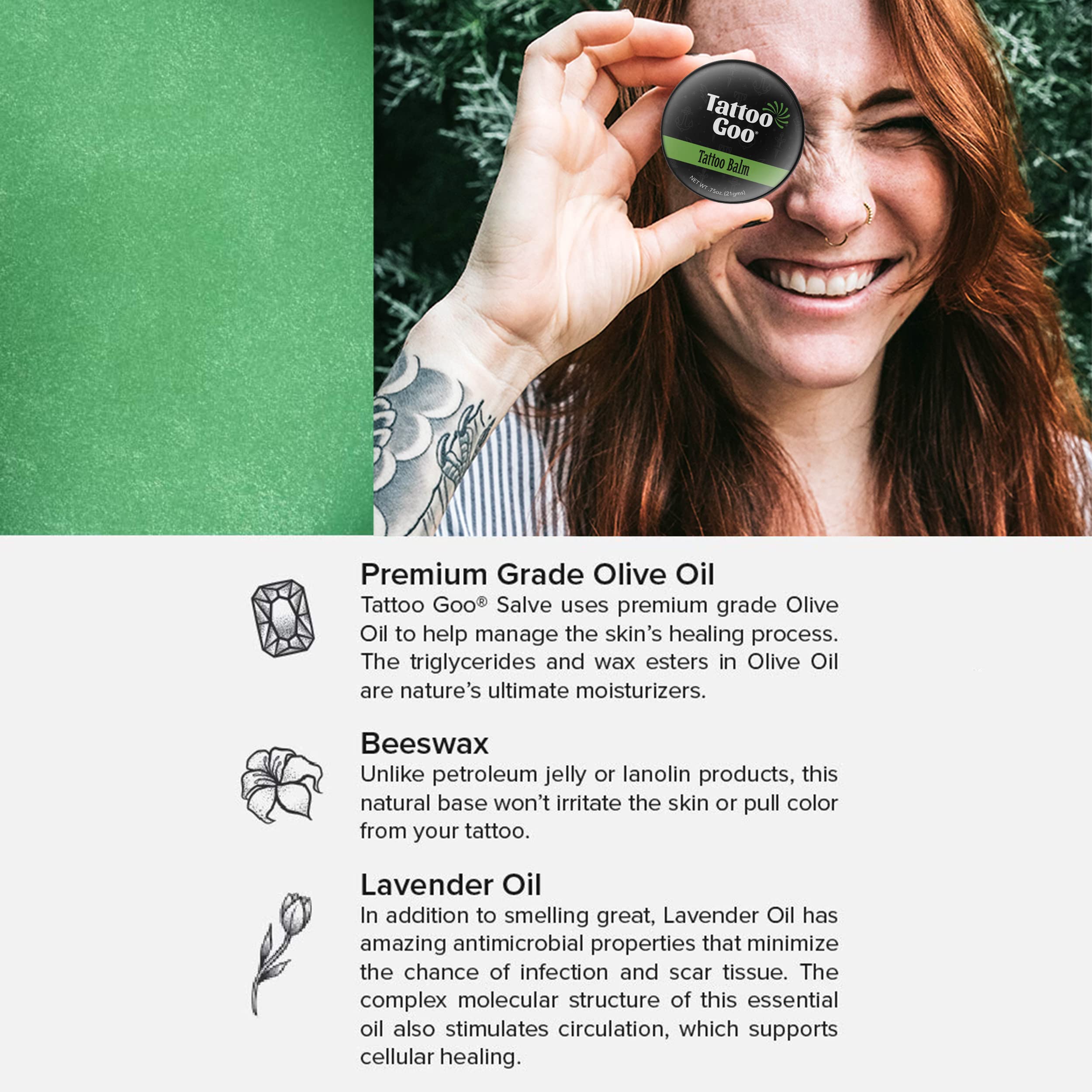 Tattoo Goo balm swatch application demonstrates hydration for healing skin.