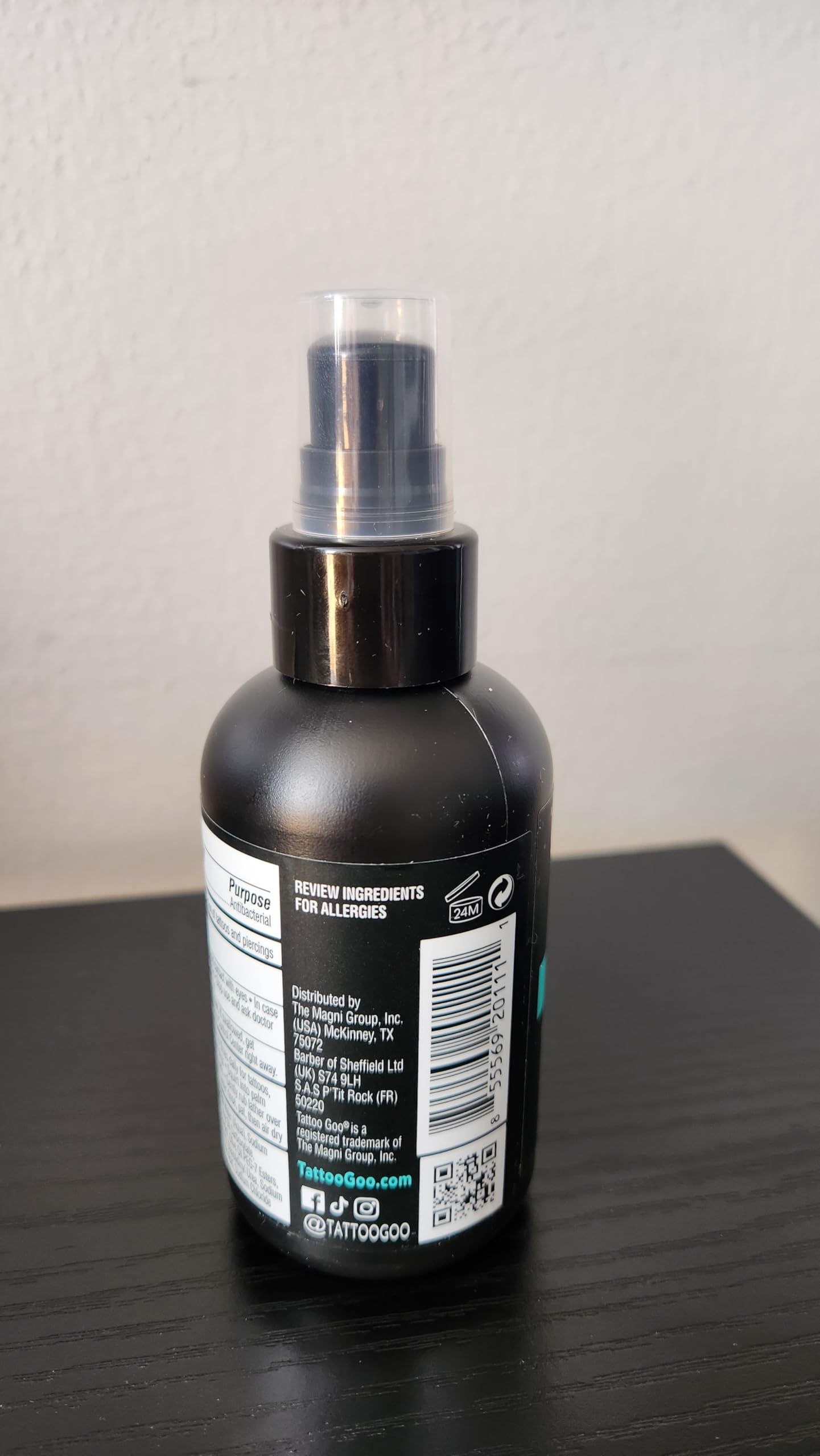 Dermatologist-tested Tattoo Goo formula label emphasizing gentle care