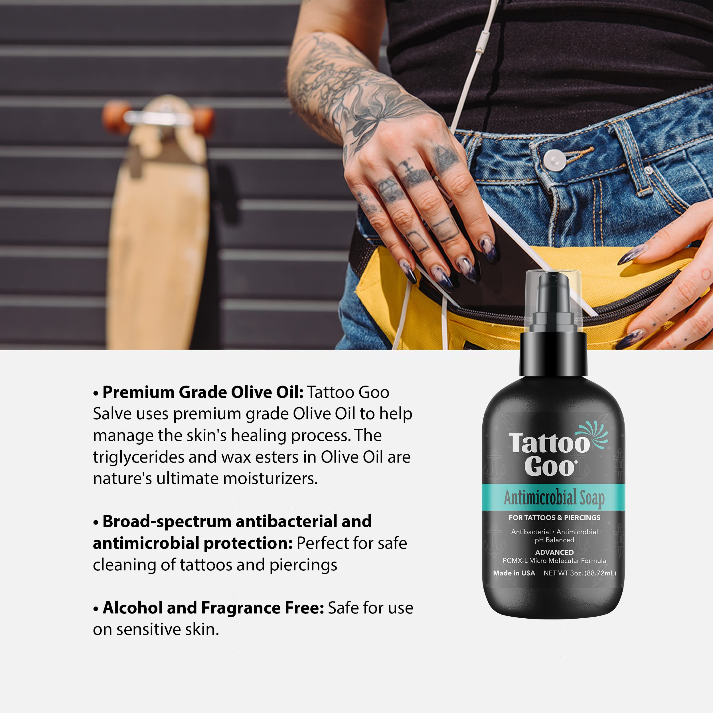 Tattoo Goo kit packaging display shows a complete three-piece aftercare system.
