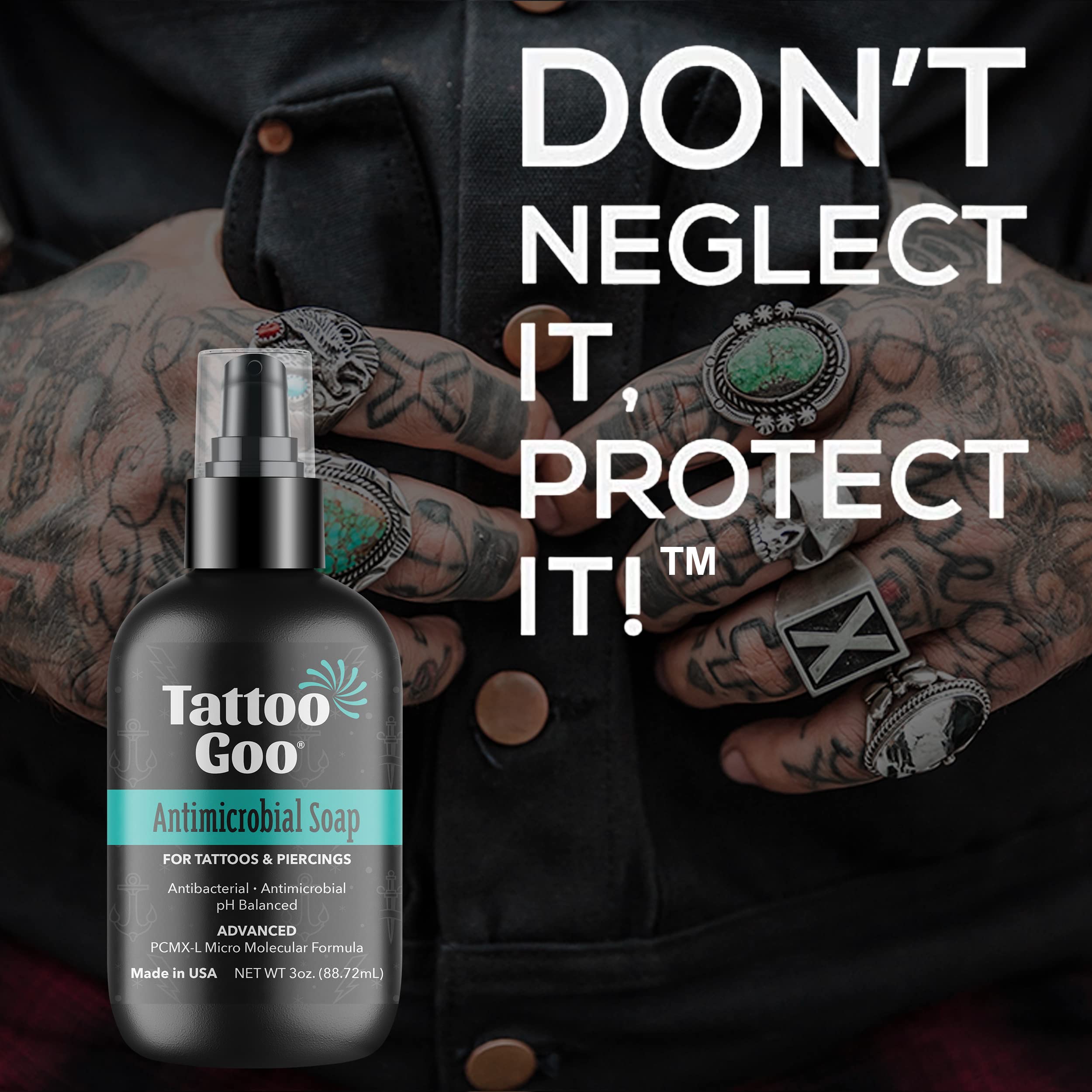 Tattoo Goo PCMX-L formula logo signals gentle, residue-free cleansing