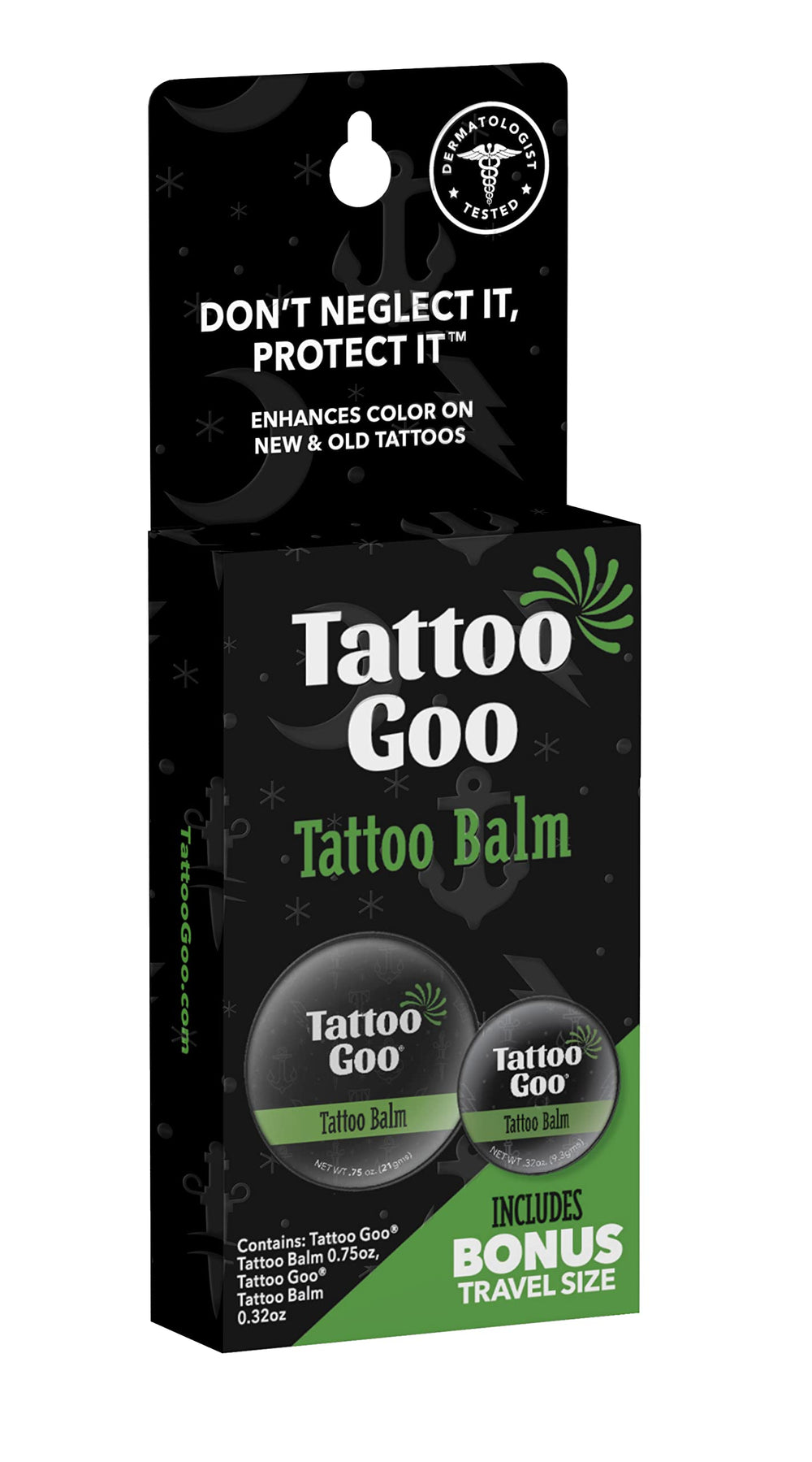 Tattoo Goo balm jar close-up highlighting natural olive oil nourishment.