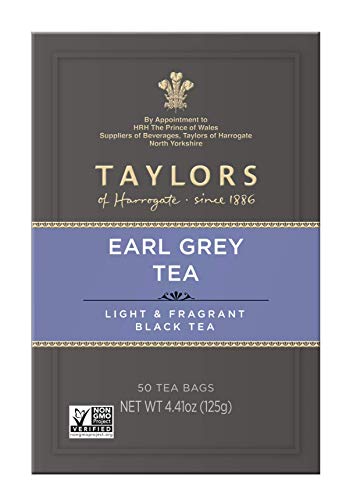 Taylors of Harrogate Earl Grey tea cup steep, enjoy aromatic bergamot infusion anytime.