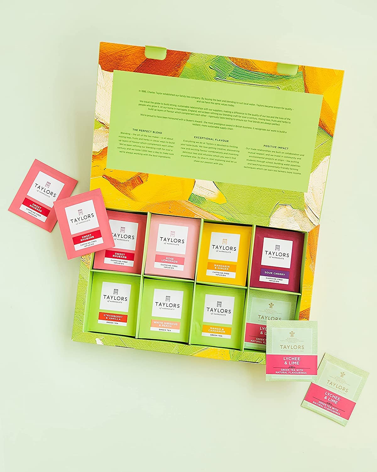 Taylors of Harrogate flavor labels closeup highlights variety in the sampler.