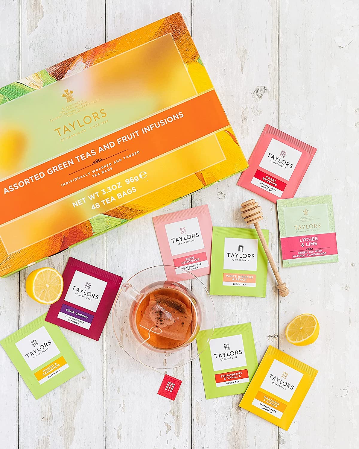 Taylors of Harrogate glass cup with steeped tea evokes cozy rituals.