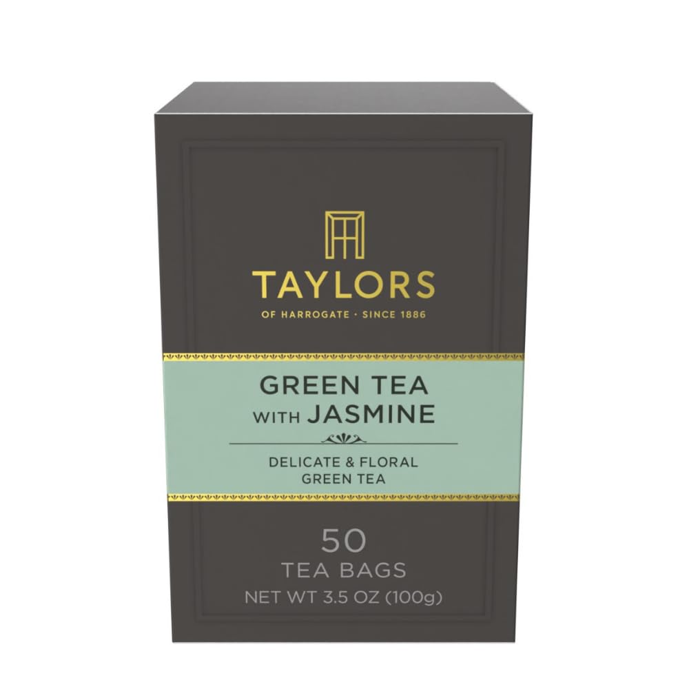 Taylors of Harrogate green tea with jasmine pillow tea bags in box, delicate floral aroma.