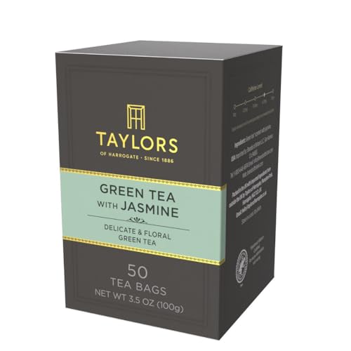 Close-up of jasmine-scented green tea leaves inside a Taylors tea bag.