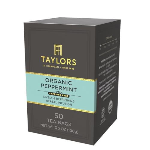 Taylors of Harrogate peppermint tea bag closeup highlights organic flavor.