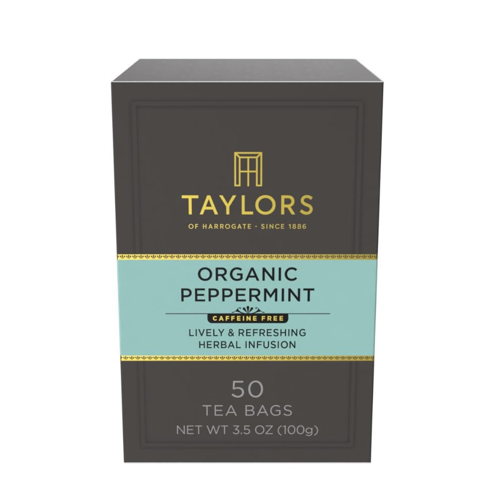 Taylors of Harrogate Organic Peppermint tea packshot showing caffeine-free refreshment.