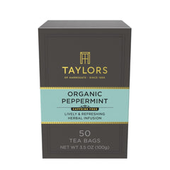 Taylors of Harrogate Organic Peppermint tea packshot showing caffeine-free refreshment.