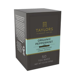 Taylors of Harrogate Organic Peppermint tea steeping cup inviting soothing infusion.