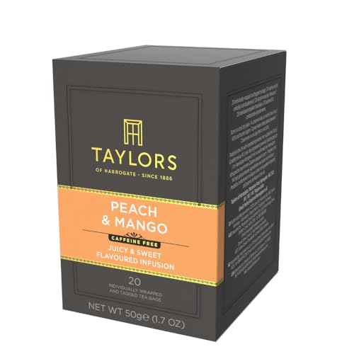 Taylors of Harrogate Peach and Mango infusion steaming in a cup, highlighting fruity aroma.