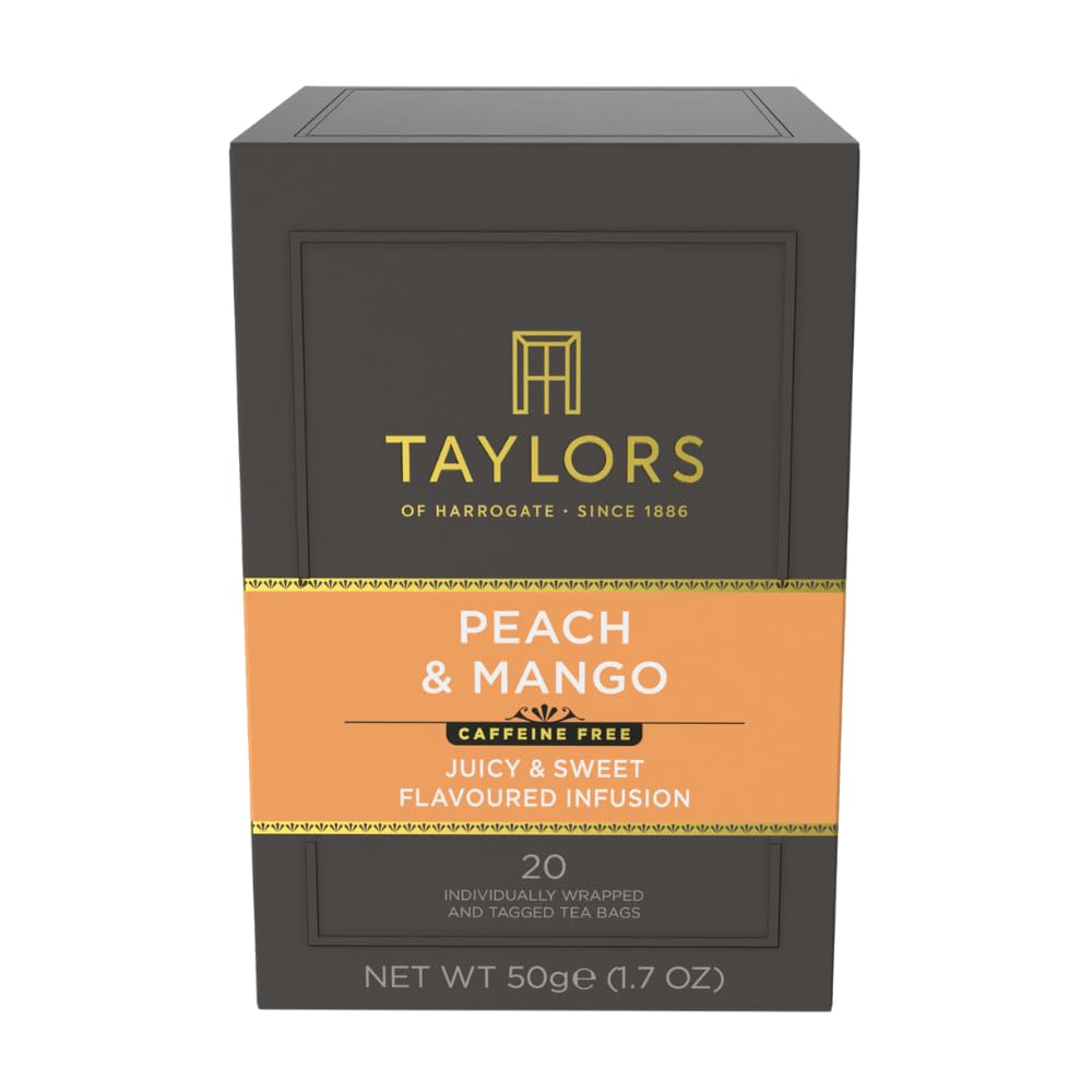 Taylors of Harrogate Peach and Mango tea bags pack for convenient caffeine-free enjoyment.