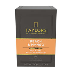 Taylors of Harrogate Peach and Mango tea bags pack for convenient caffeine-free enjoyment.