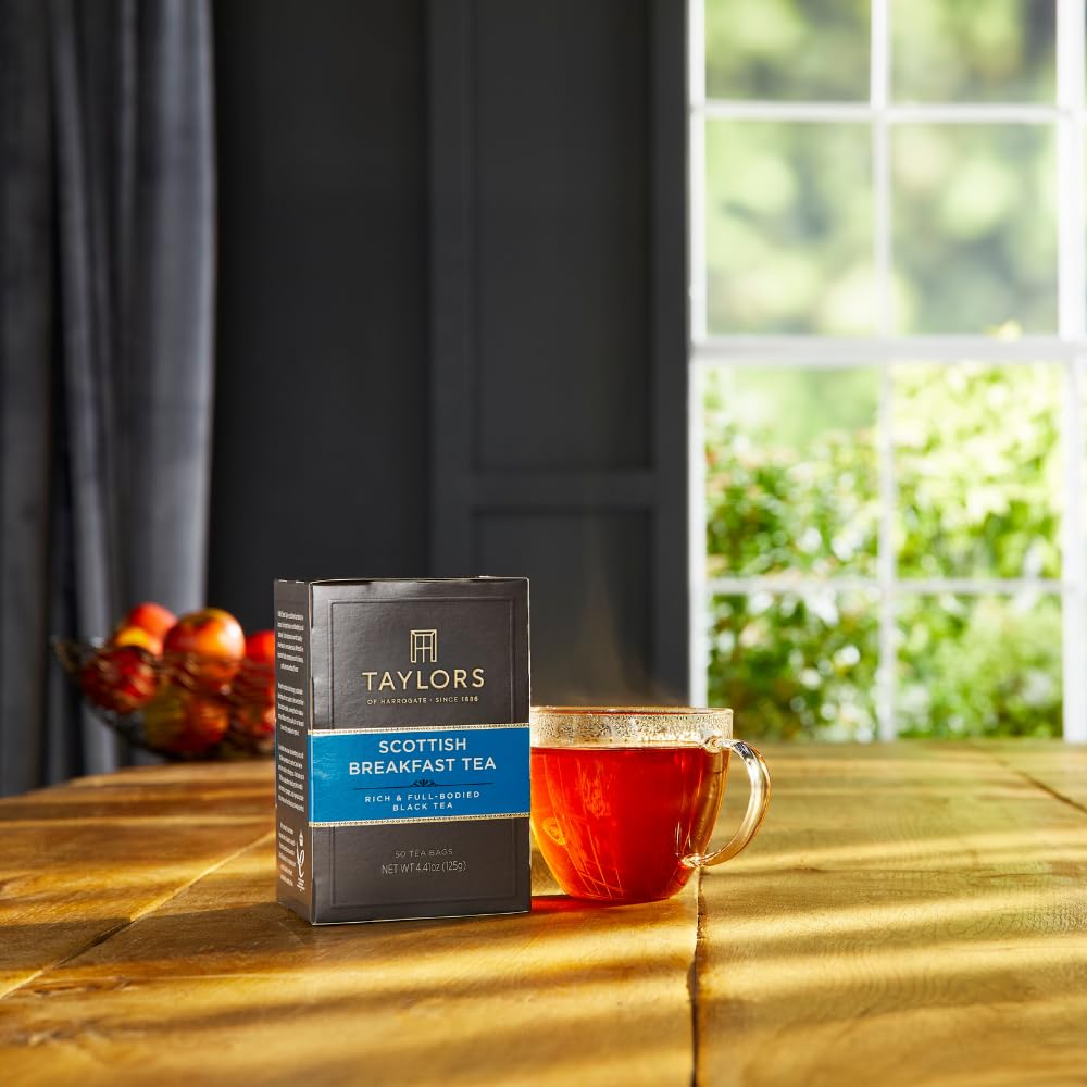 Packaging highlights 50-count pack by Taylors of Harrogate, ideal for daily breakfast rituals