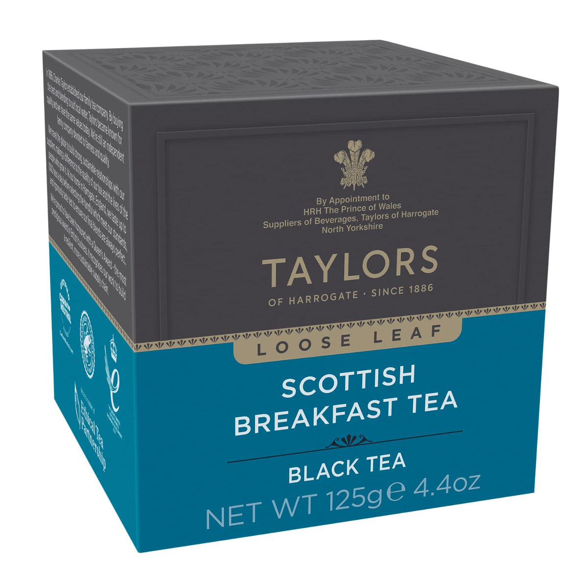 Taylors of Harrogate Scottish Breakfast loose leaf tea, bold and full-bodied for a strong morning.