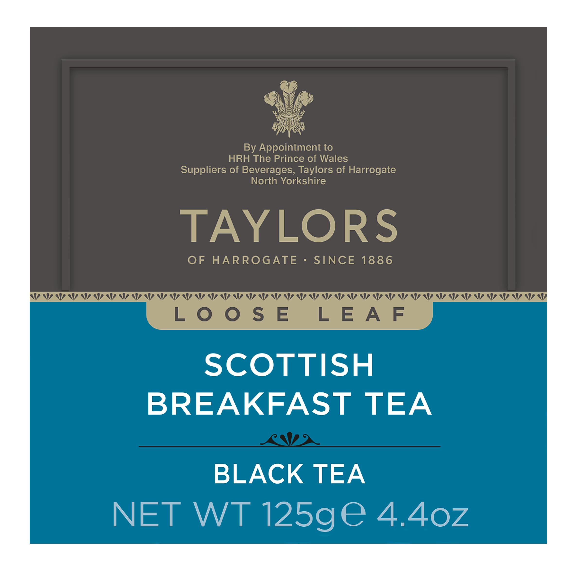 Packaging image for Taylors Scottish Breakfast, premium whole leaf quality.