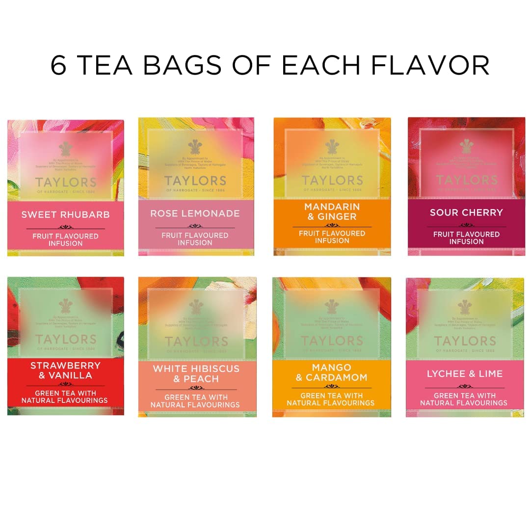 Taylors of Harrogate variety pack gift box inside tea bags for convenient flavor tasting.