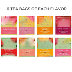 Taylors of Harrogate variety pack gift box inside tea bags for convenient flavor tasting.