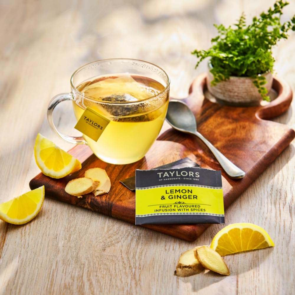 Taylors of Harrogate Lemon & Ginger infusion served in a glass for a refreshing moment