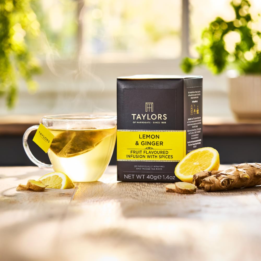 Taylors of Harrogate Lemon & Ginger ingredients close-up featuring ginger and lemon zest