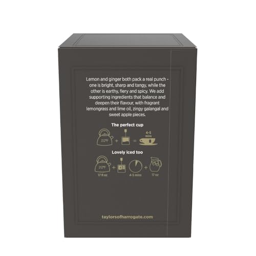 Taylors of Harrogate Lemon & Ginger packaging highlights single-serve tea bags for easy brewing