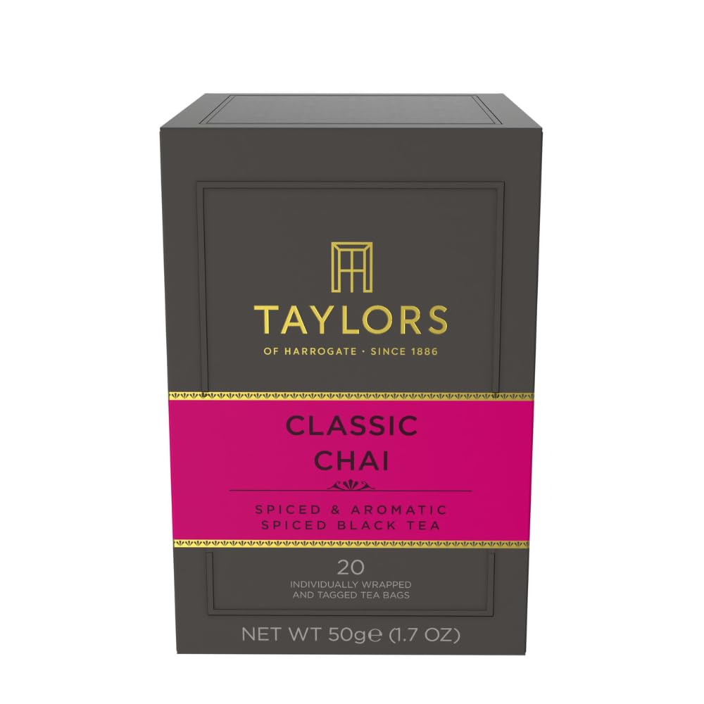 Taylors of Harrogate Classic Chai tea bags in packaging for on-the-go freshness.