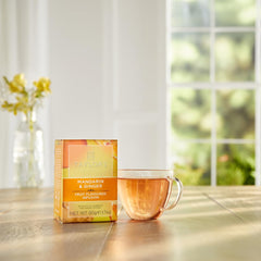 Chilled glass of Taylors Mandarin & Ginger tea, refreshing and caffeine-free