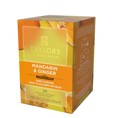 Taylors of Harrogate Mandarin & Ginger tea bags close-up showing individual wrappers