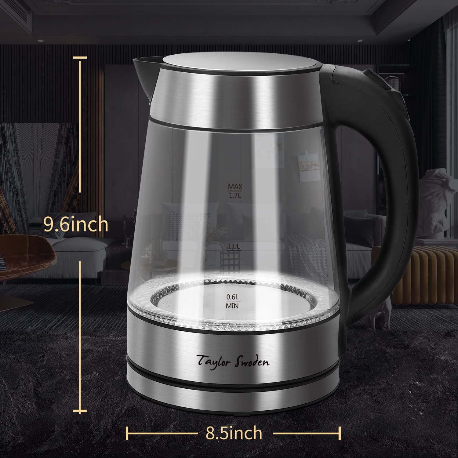Taylor Swoden glass kettle anti-slip handle; safe, confident pours.