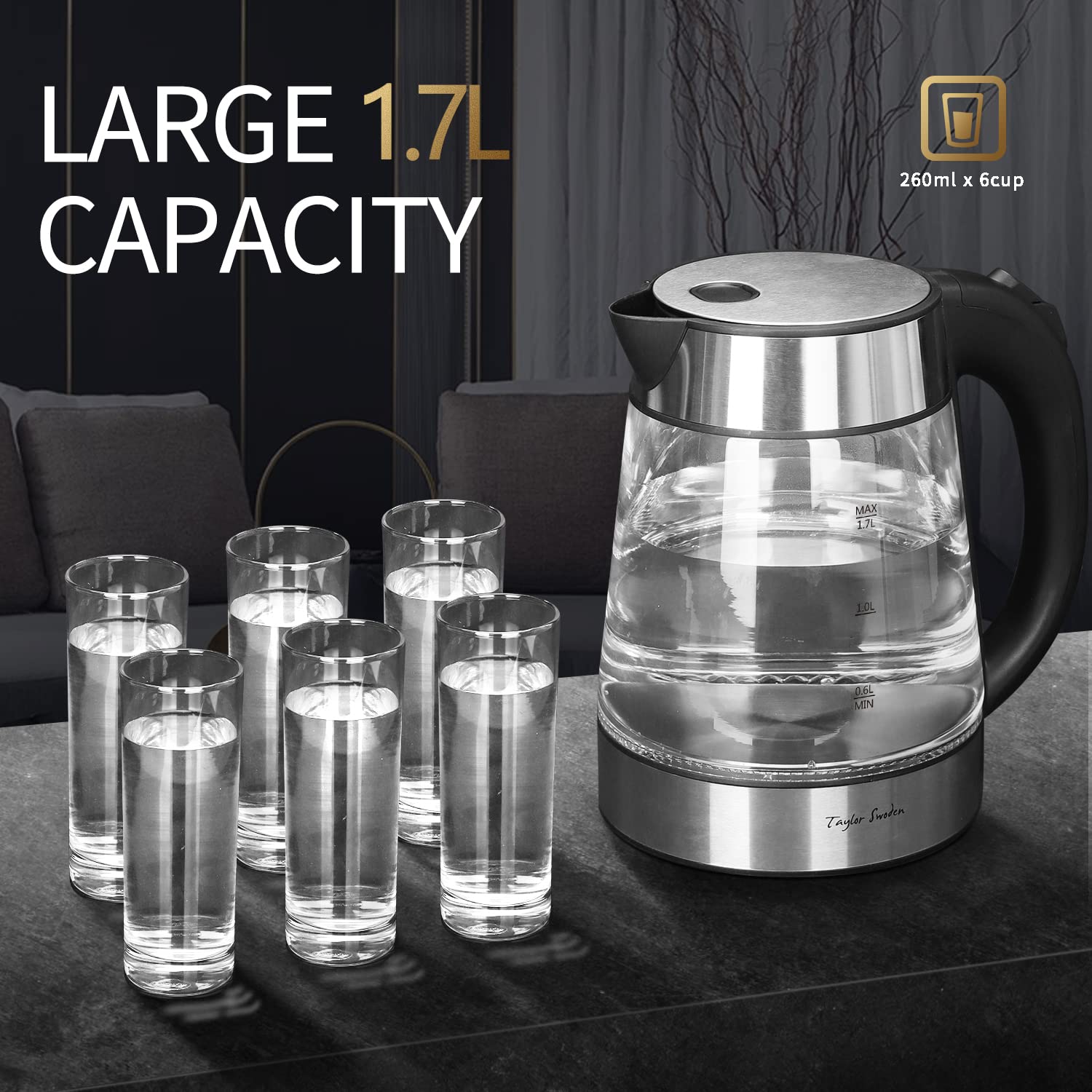Taylor Swoden glass kettle concealed heating element; sleek interior for quick heating.