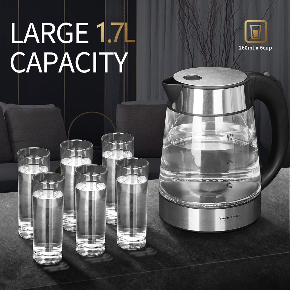 Taylor Swoden glass kettle concealed heating element; sleek interior for quick heating.