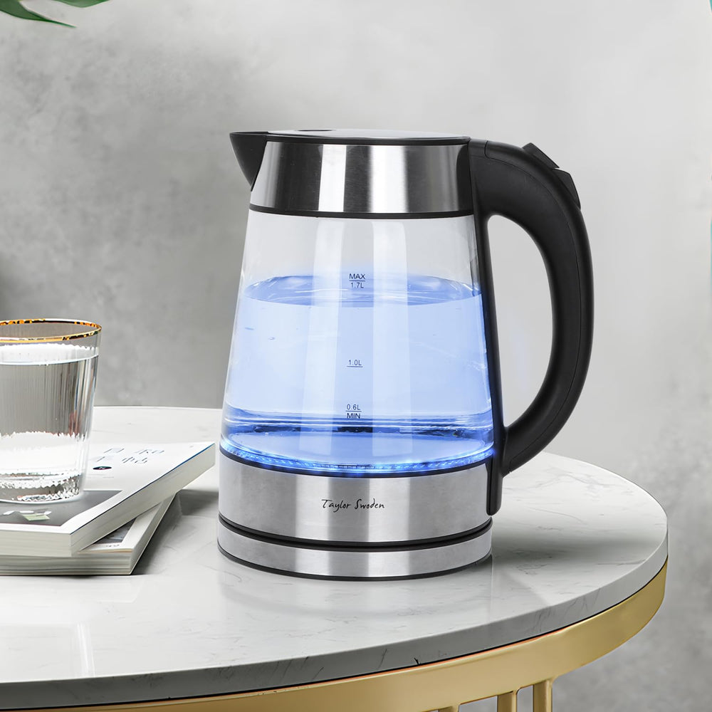 Taylor Swoden glass kettle cordless base; flexible, 360-degree placement.