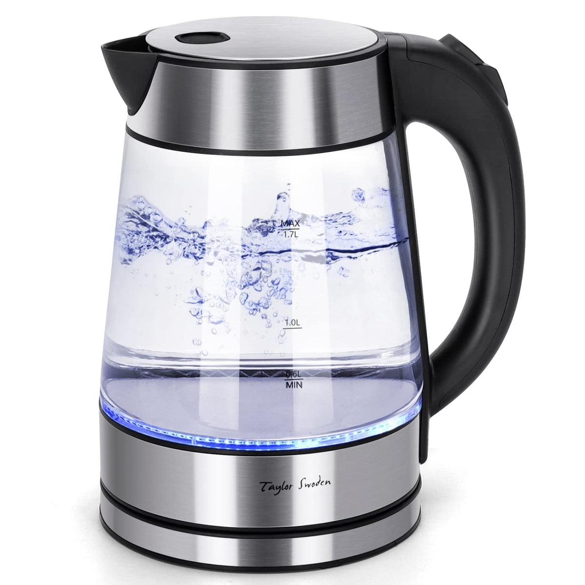 Taylor Swoden glass kettle front view; clear water for tea or coffee prep.
